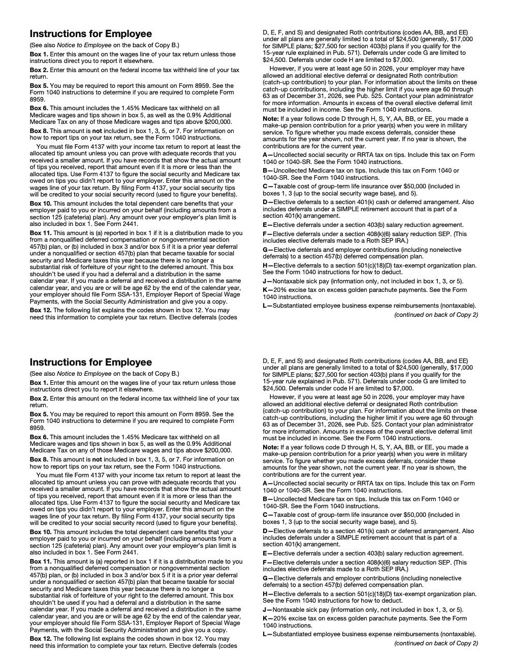 Page 7 of 11 of the official IRS Form W‑2 PDF (2026 edition): Copy B; instructions