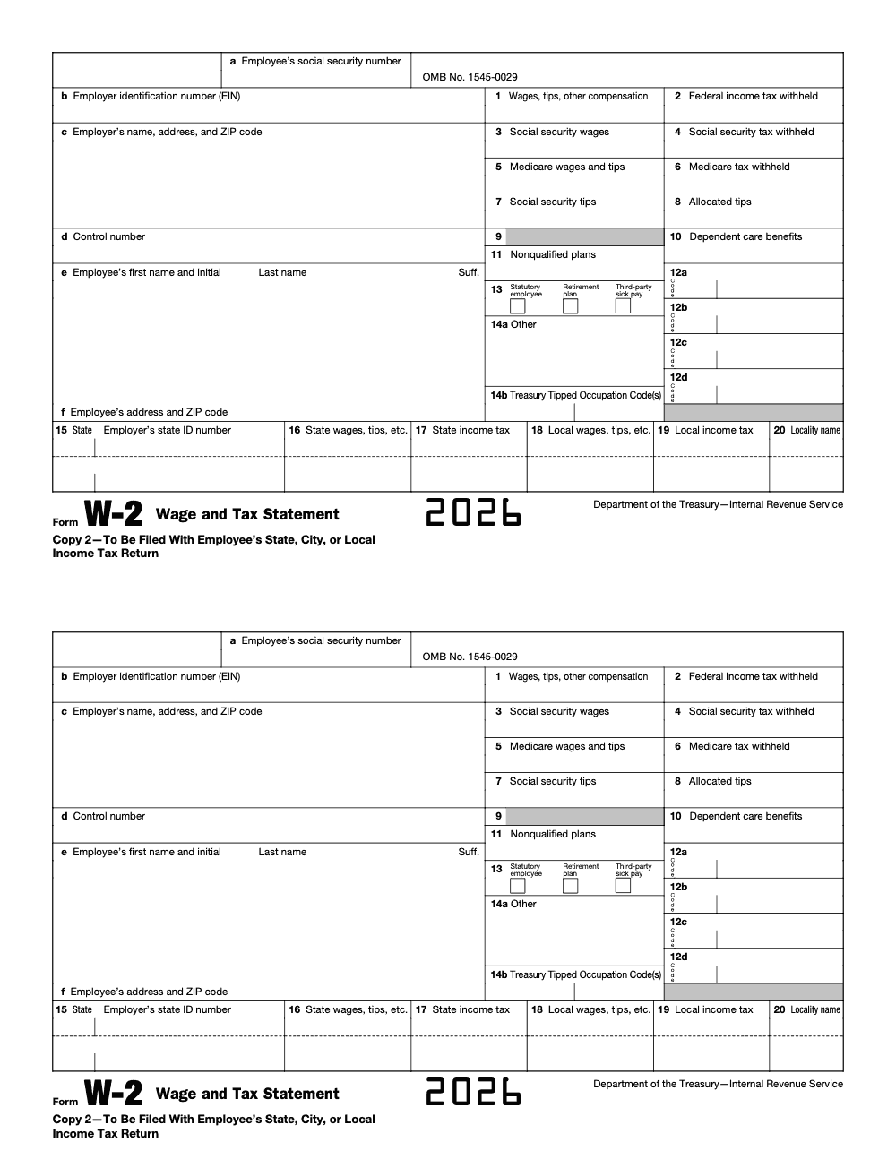 Page 8 of 11 of the official IRS Form W‑2 PDF (2026 edition): Copy 2 – To Be Filed With Employee’s State, City, or Local