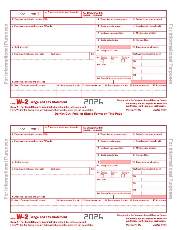 Page 2 of 11 of the official IRS Form W‑2 PDF (2026 edition): Copy A – For Social Security Administration