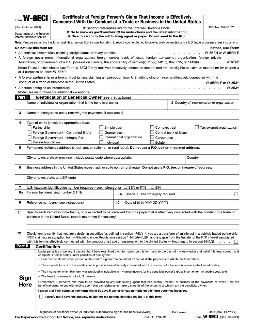 Page 1 of 1 of the official IRS Form W-8ECI PDF (Rev. October 2021): Part I
