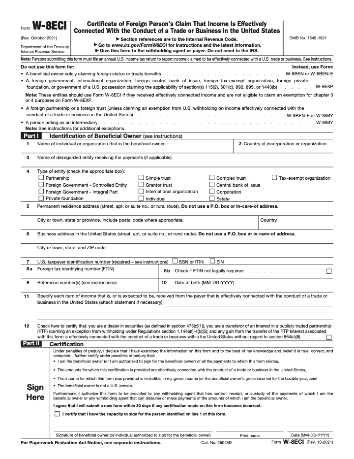 Page 1 of 1 of the official IRS Form W-8ECI PDF (Rev. October 2021): Part I