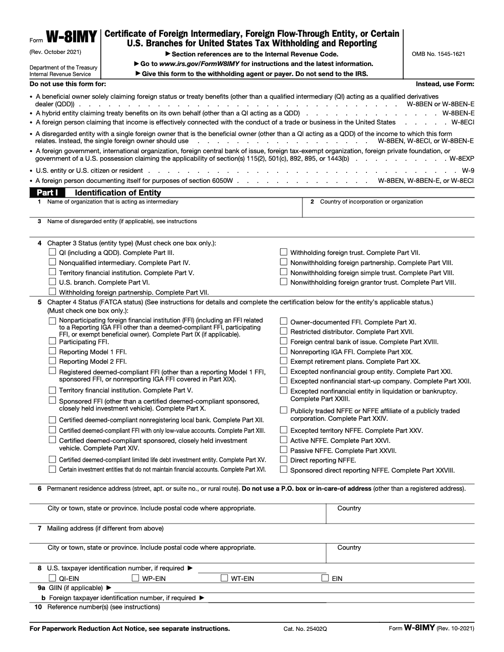 Page 1 of 8 of the official IRS Form W-8IMY PDF (Rev. October 2021): Parts I, III, IV, V, VI, VII