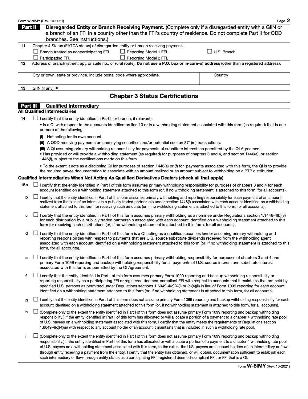 Page 2 of 8 of the official IRS Form W-8IMY PDF (Rev. October 2021): Parts II, III, I