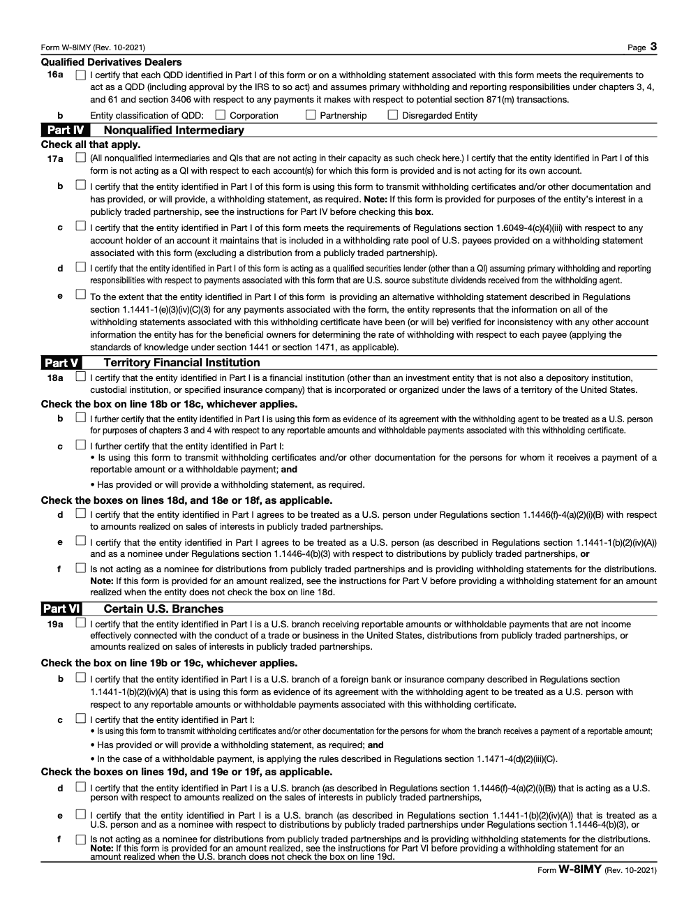 Page 3 of 8 of the official IRS Form W-8IMY PDF (Rev. October 2021): Parts I, IV