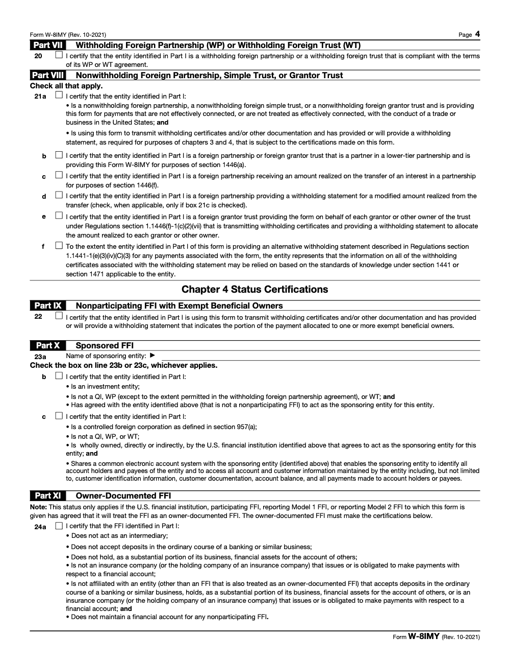 Page 4 of 8 of the official IRS Form W-8IMY PDF (Rev. October 2021): Parts VII, I, VIII, IX