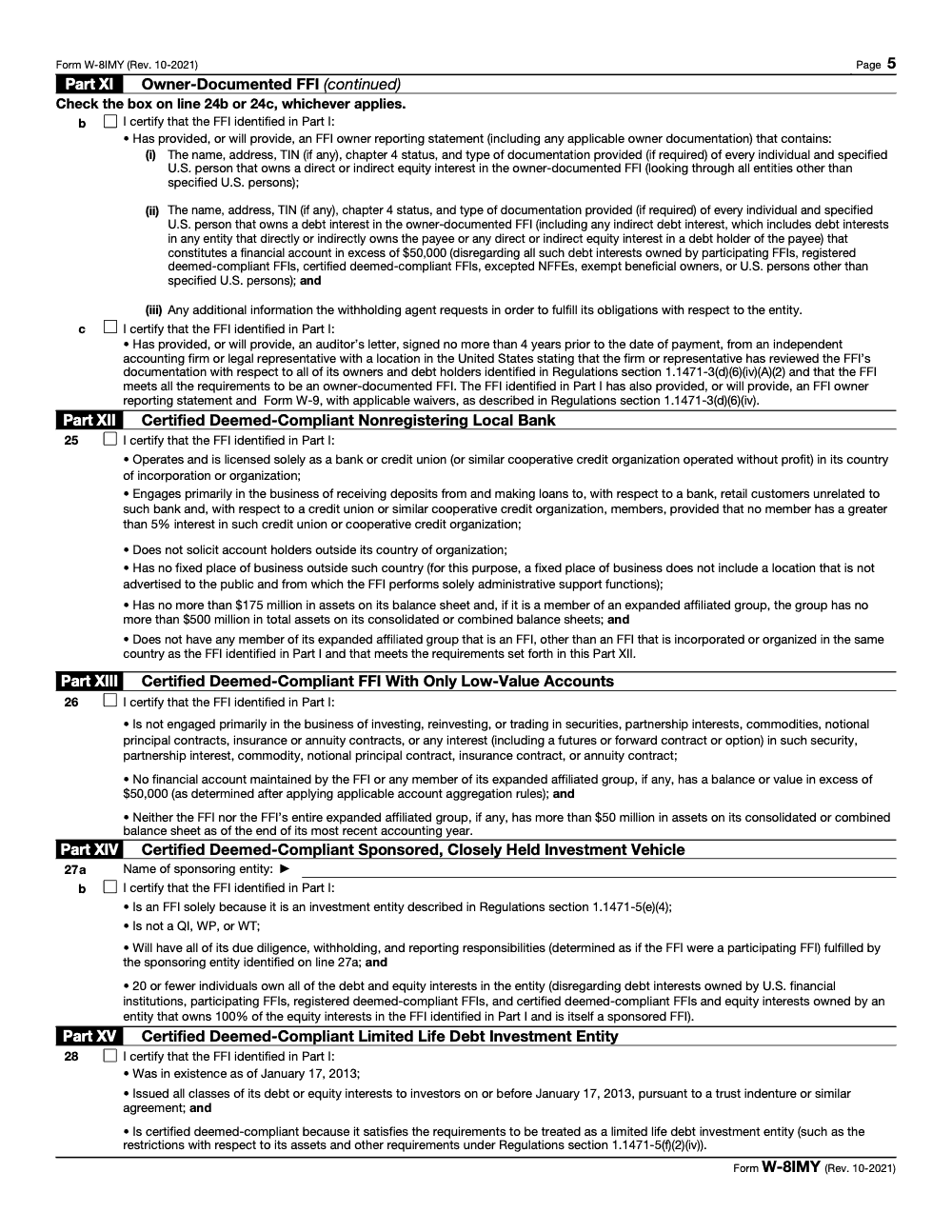 Page 5 of 8 of the official IRS Form W-8IMY PDF (Rev. October 2021): Parts XI, I, XII