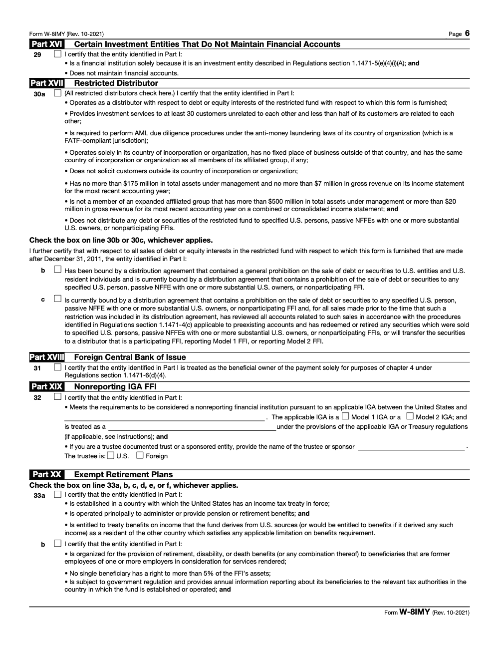 Page 6 of 8 of the official IRS Form W-8IMY PDF (Rev. October 2021): Parts XVI, I, XVII