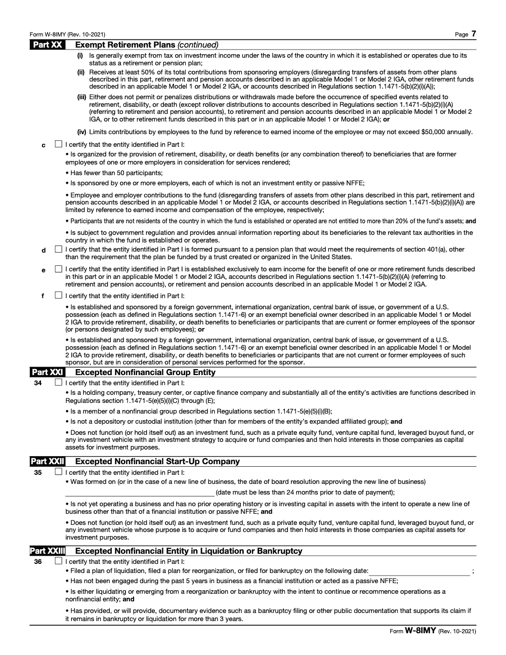 Page 7 of 8 of the official IRS Form W-8IMY PDF (Rev. October 2021): Parts XX, I