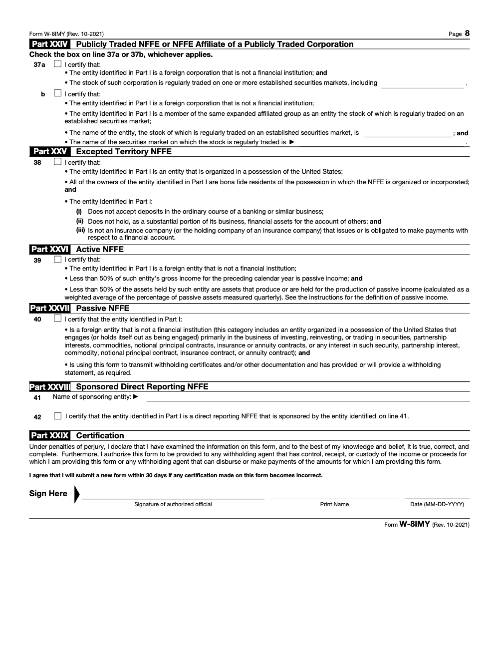 Page 8 of 8 of the official IRS Form W-8IMY PDF (Rev. October 2021): Parts XXIV, I, XXV, XXVI, XXVII