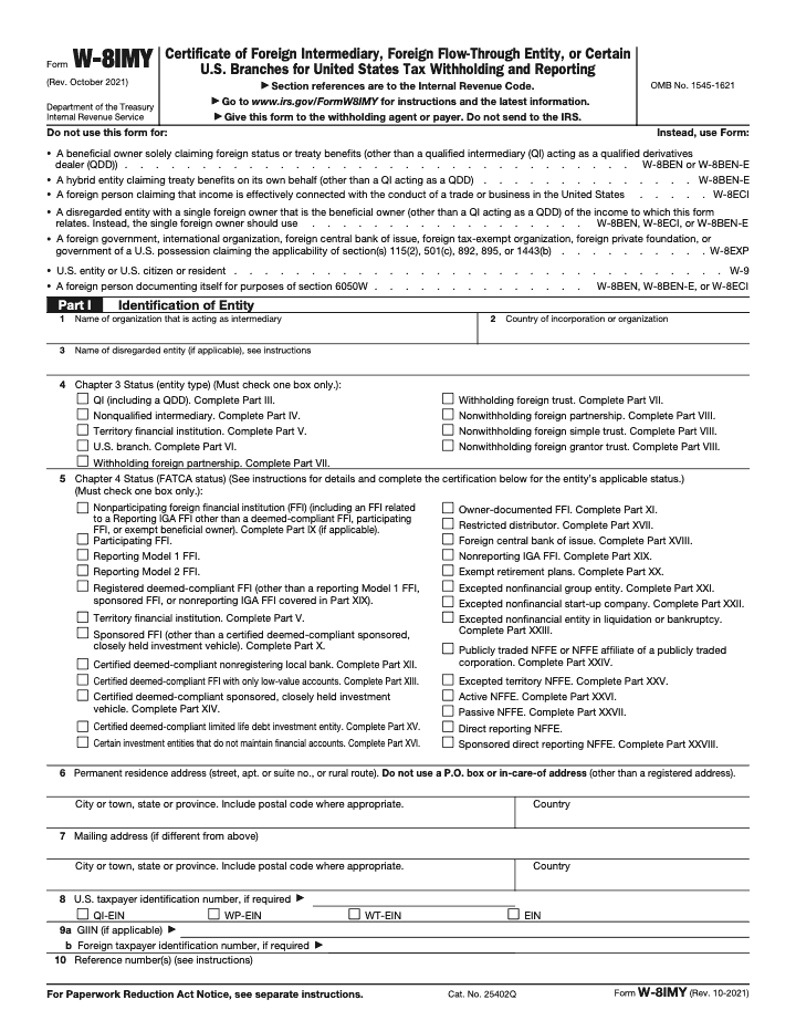 Page 1 of 8 of the official IRS Form W-8IMY PDF (Rev. October 2021): Parts I, III, IV, V, VI, VII