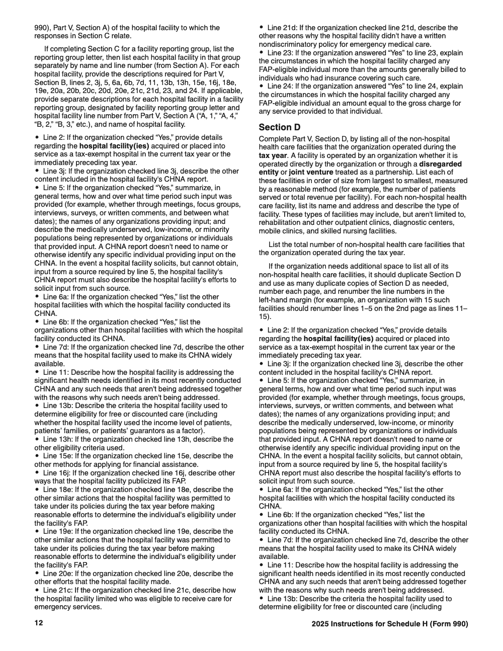 Page 12 of 24 of the official IRS Form 990 Schedule H PDF (2025 edition): Part V