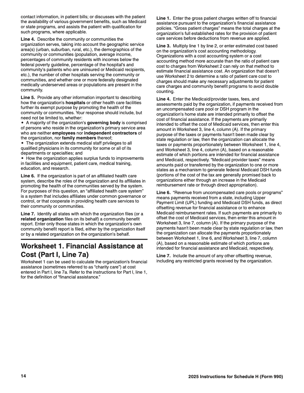 Page 14 of 24 of the official IRS Form 990 Schedule H PDF (2025 edition): Part I