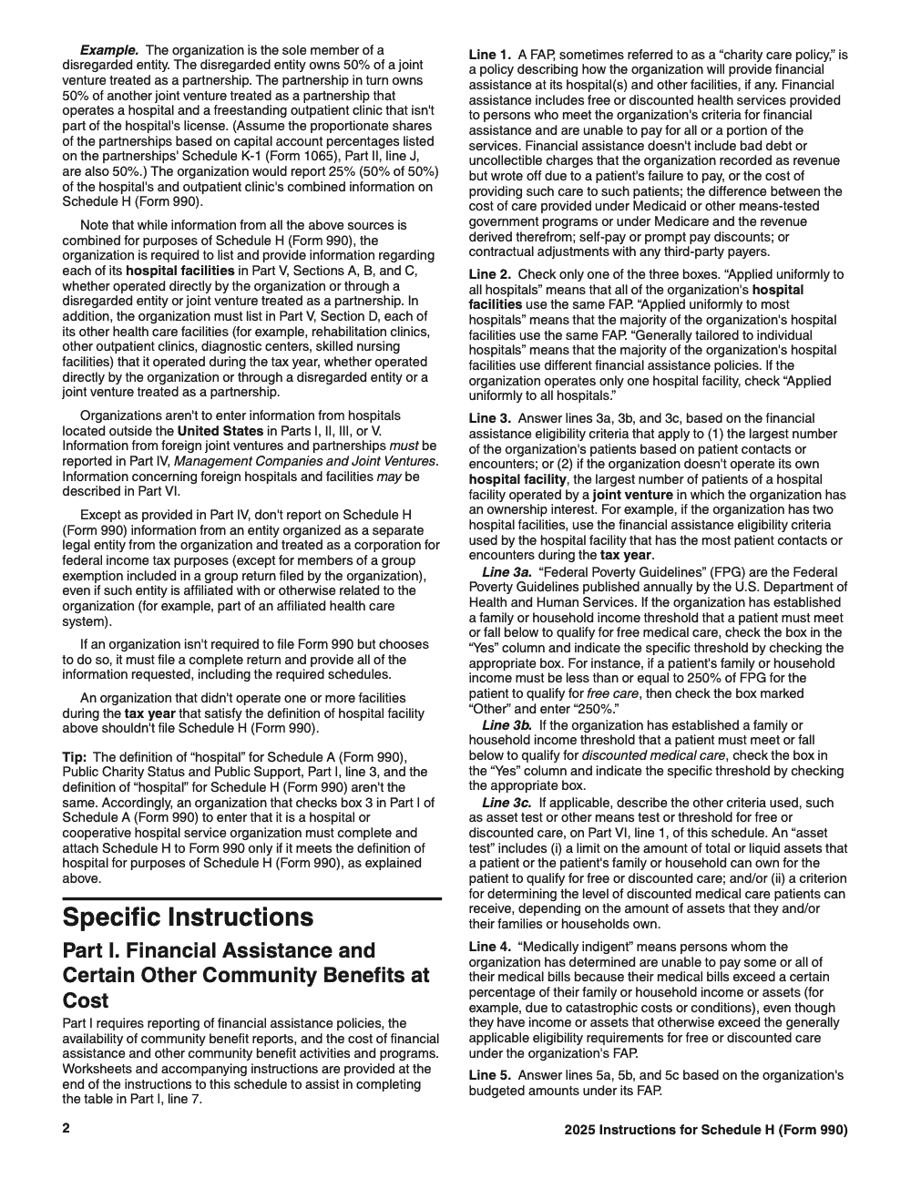 Page 2 of 24 of the official IRS Form 990 Schedule H PDF (2025 edition): Parts II, V, IV, VI