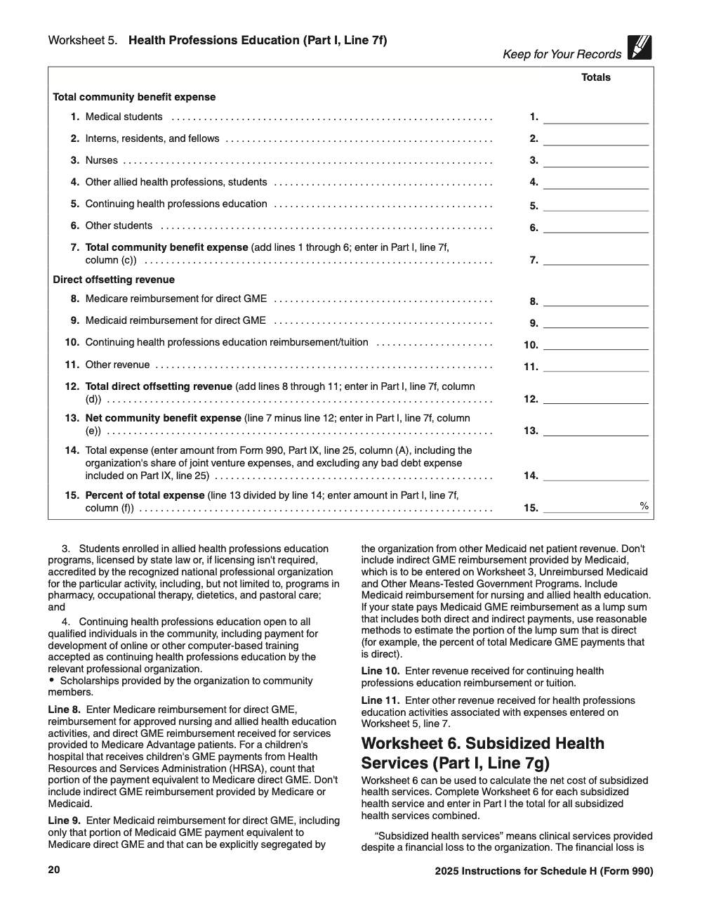Page 20 of 24 of the official IRS Form 990 Schedule H PDF (2025 edition): Part I