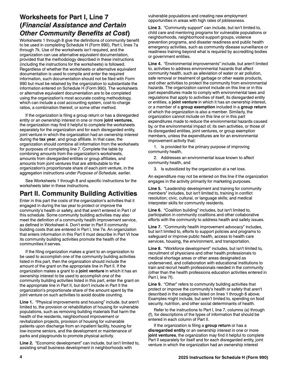 Page 4 of 24 of the official IRS Form 990 Schedule H PDF (2025 edition): Parts I, II, VI