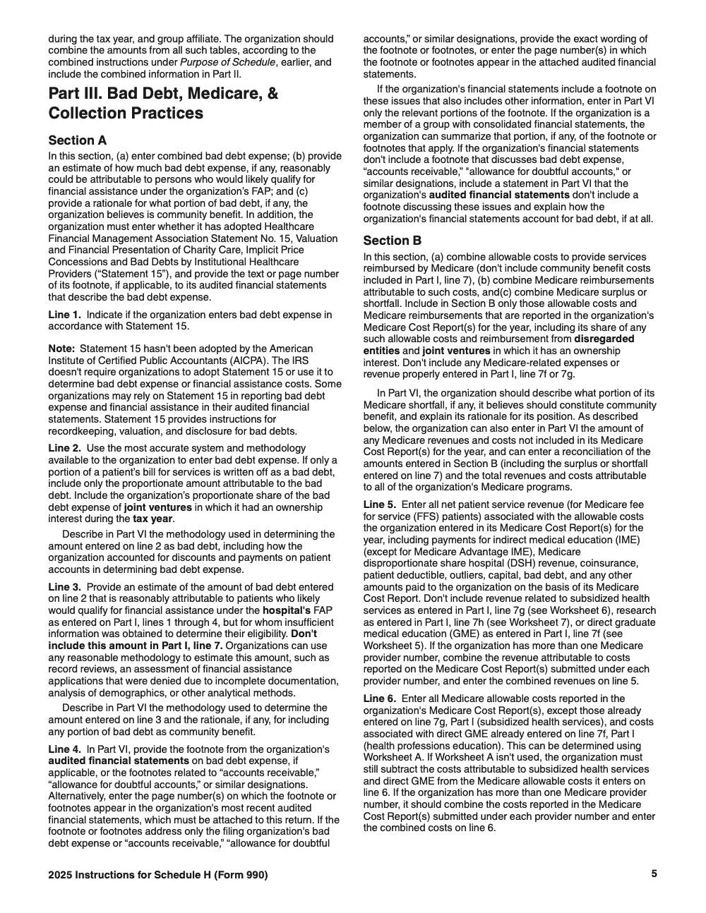 Page 5 of 24 of the official IRS Form 990 Schedule H PDF (2025 edition): Parts II, III, VI, I