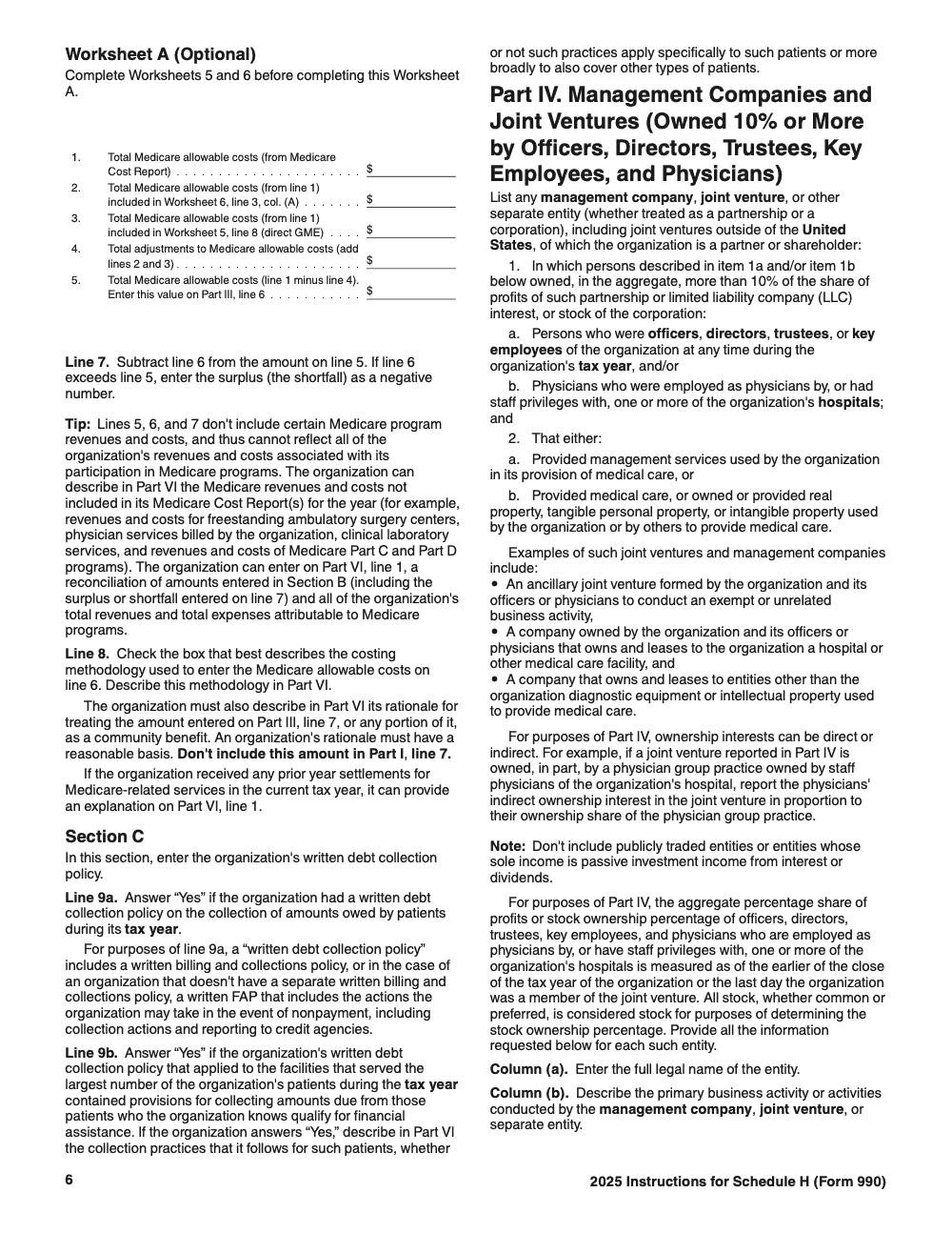 Page 6 of 24 of the official IRS Form 990 Schedule H PDF (2025 edition): Parts III, VI, I