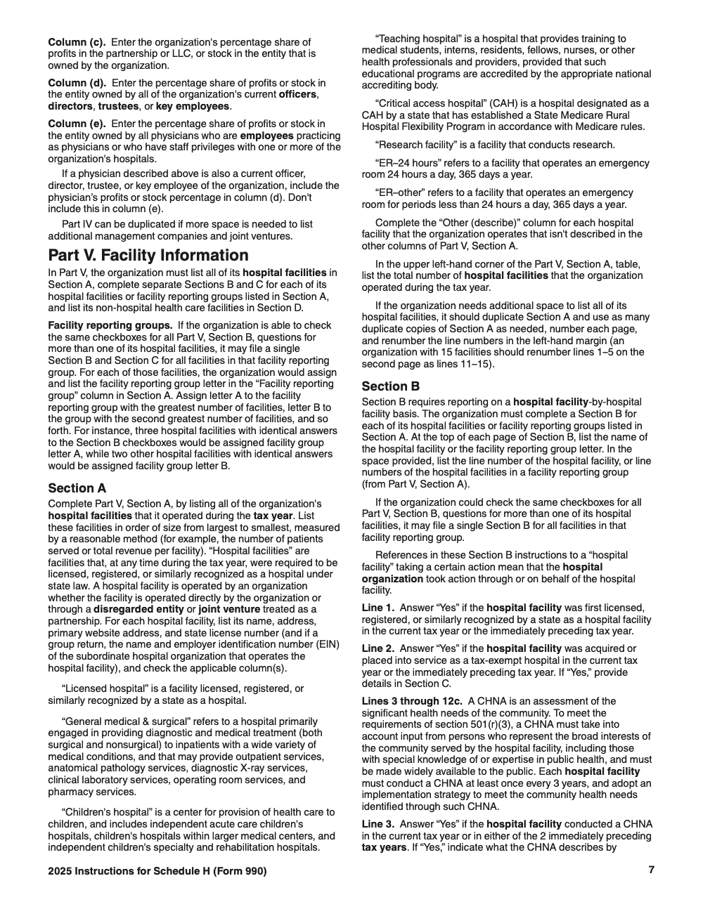 Page 7 of 24 of the official IRS Form 990 Schedule H PDF (2025 edition): Parts IV, V