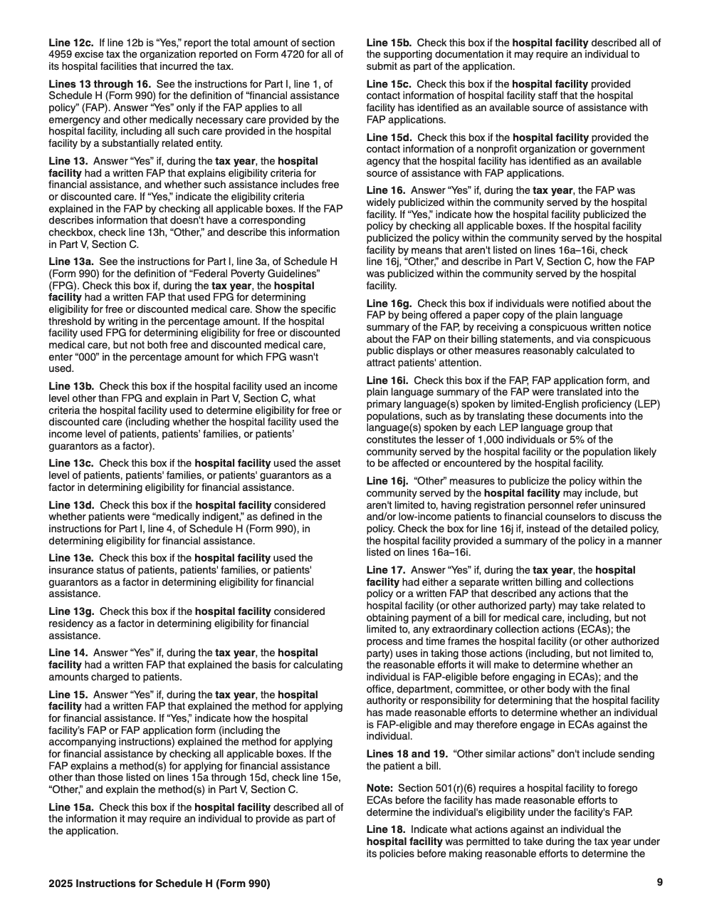Page 9 of 24 of the official IRS Form 990 Schedule H PDF (2025 edition): Parts I, V