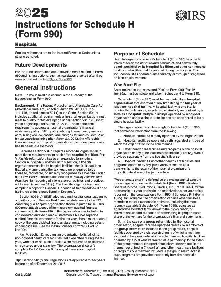Page 1 of 24 of the official IRS Form 990 Schedule H PDF (2025 edition): Parts V, IV; instructions