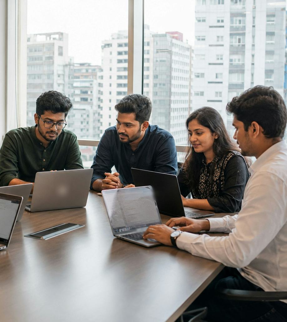 Four colleagues working on laptops around a meeting table in a high-rise office